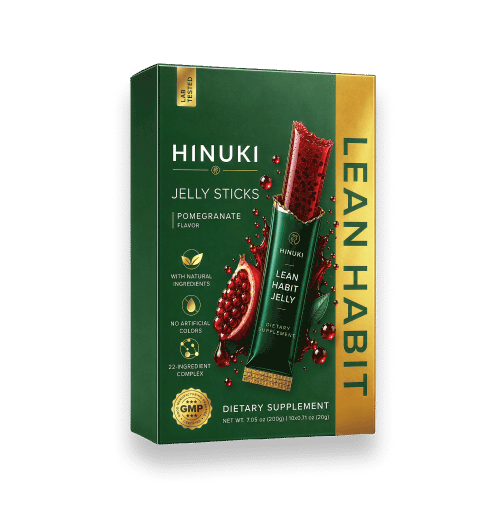 1 opakowanie Hinuki — zielone pudełko Lean Habit z 10 granatowymi żelkami